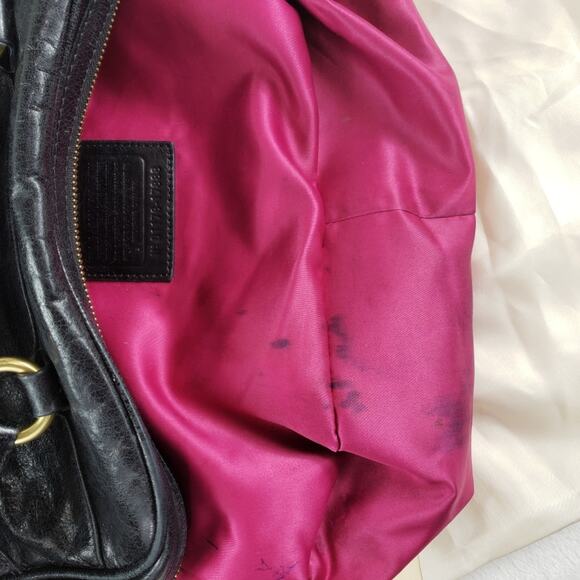 Coach Poppy Pushlock Satchel Black Waxed Leather Fuchsia Lining Removable Strap - Picture 3 of 14